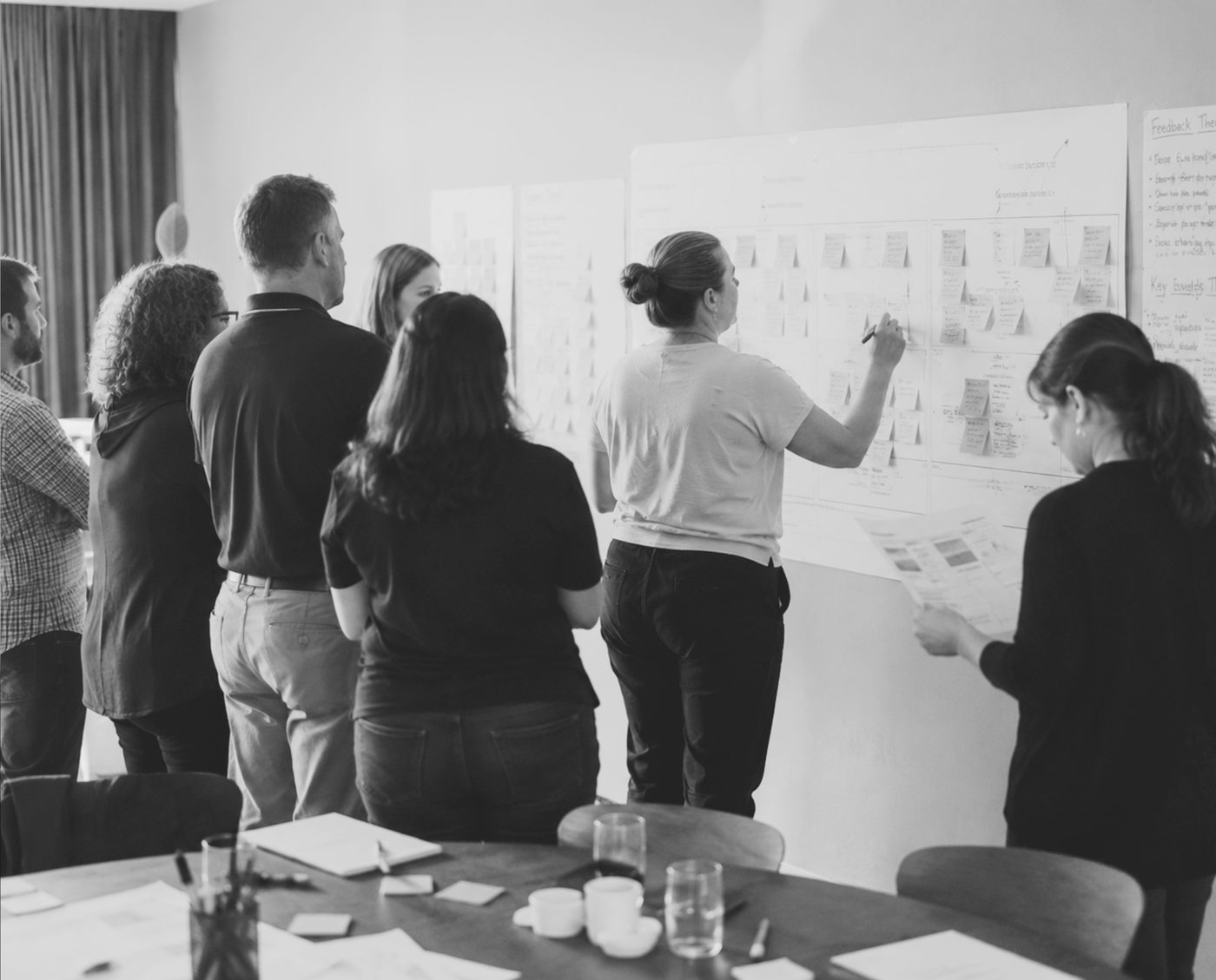 Team reviewing change plans on the wall