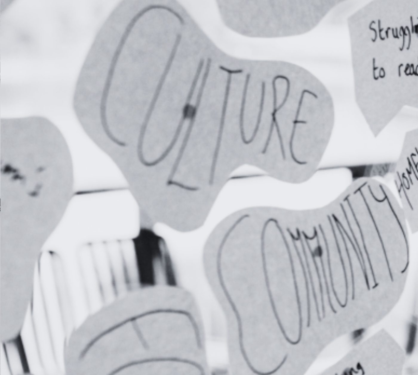 Close-up of workshop material spelling out culture and community
