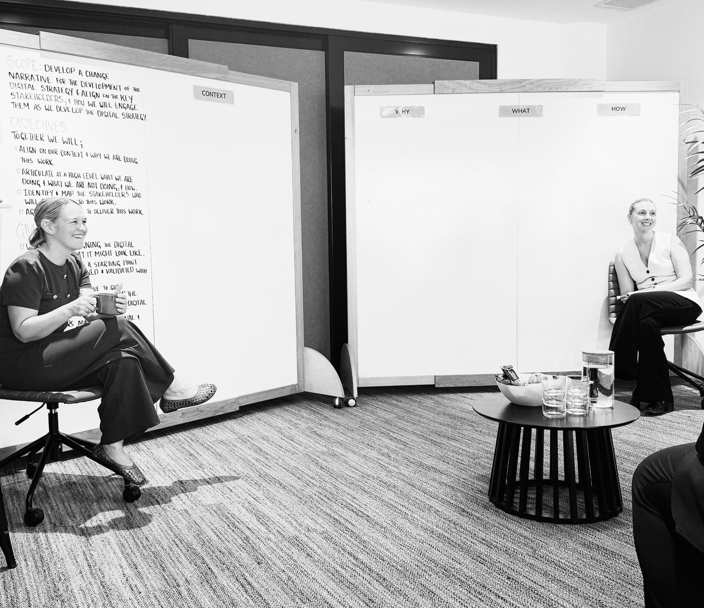 Strategy team reviewing plans on whiteboards