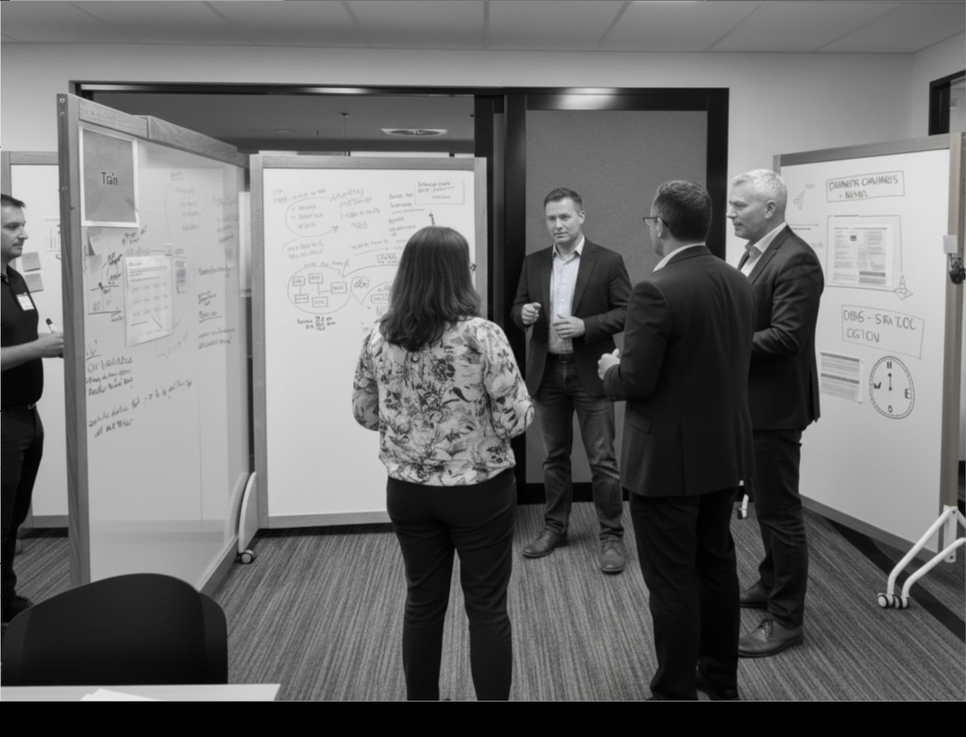 Leaders discussing strategy around whiteboards